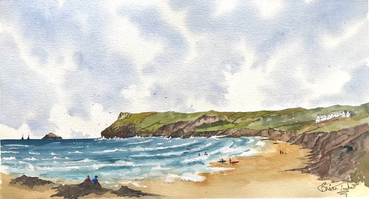 Impressionistic Watercolour , Polzeath Bay ,Cornwall By Brian Tucker, 18 X 10, Artwork For Sale On Artfinder