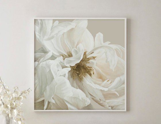 "Gray Silk Flowers 3"  White peony oil art