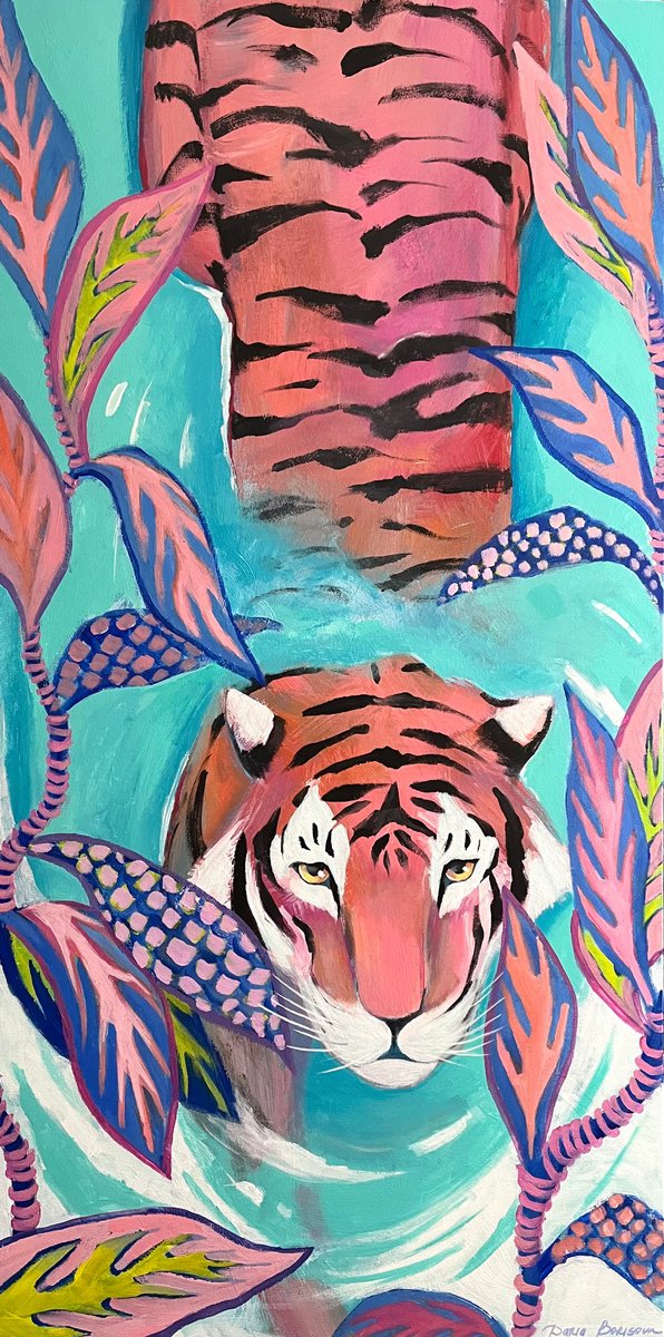 Surrealistic Animal Acrylic Painting By Daria Borisova, 24 X 48, - Teal Water - ?, Original Artwork