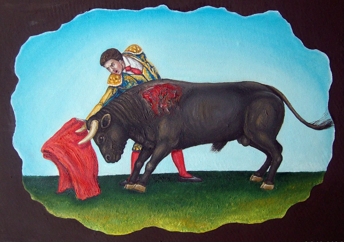Illustrative Animal Oil Painting By Grigor Velev, 16 X 12, Bullfighter Ii, Original Artwork