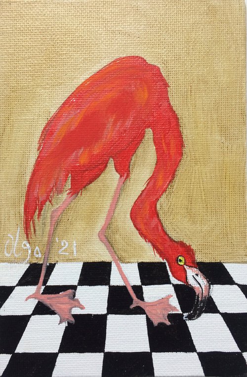 Bird portrait of a flamingo on a chessboard, gift idea for bird lover by Olga Ivanova