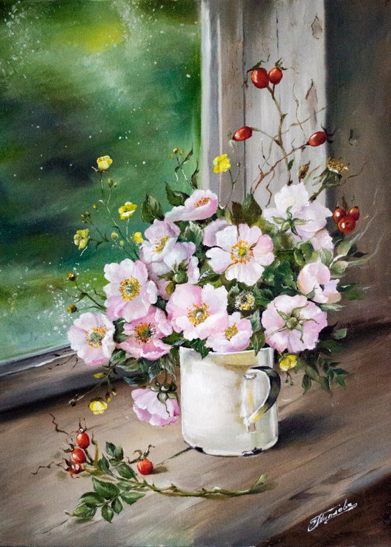 "Wild roses on the window" oil painting on canvas
