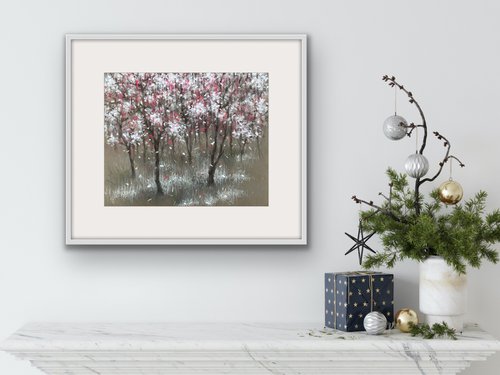 Spring peach garden. One of a kind, original painting, handmade work, gift. by Galina Poloz