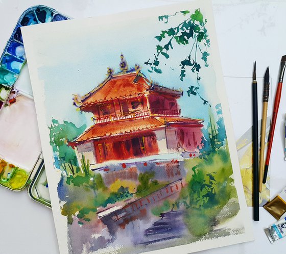 Watercolor landscape. Pagoda