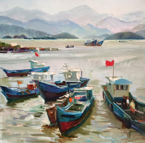 Boats in Níngbō. by Maria Egorova