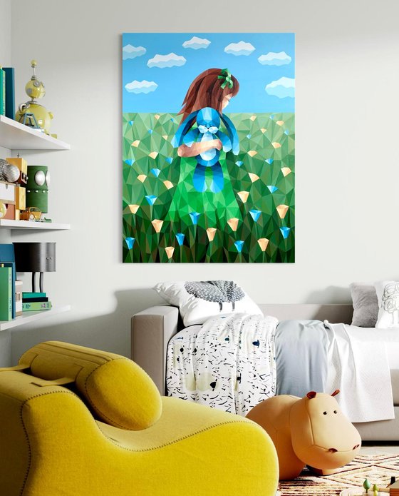 GIRL IN A FLOWER FIELD WITH A BLUE RABBIT