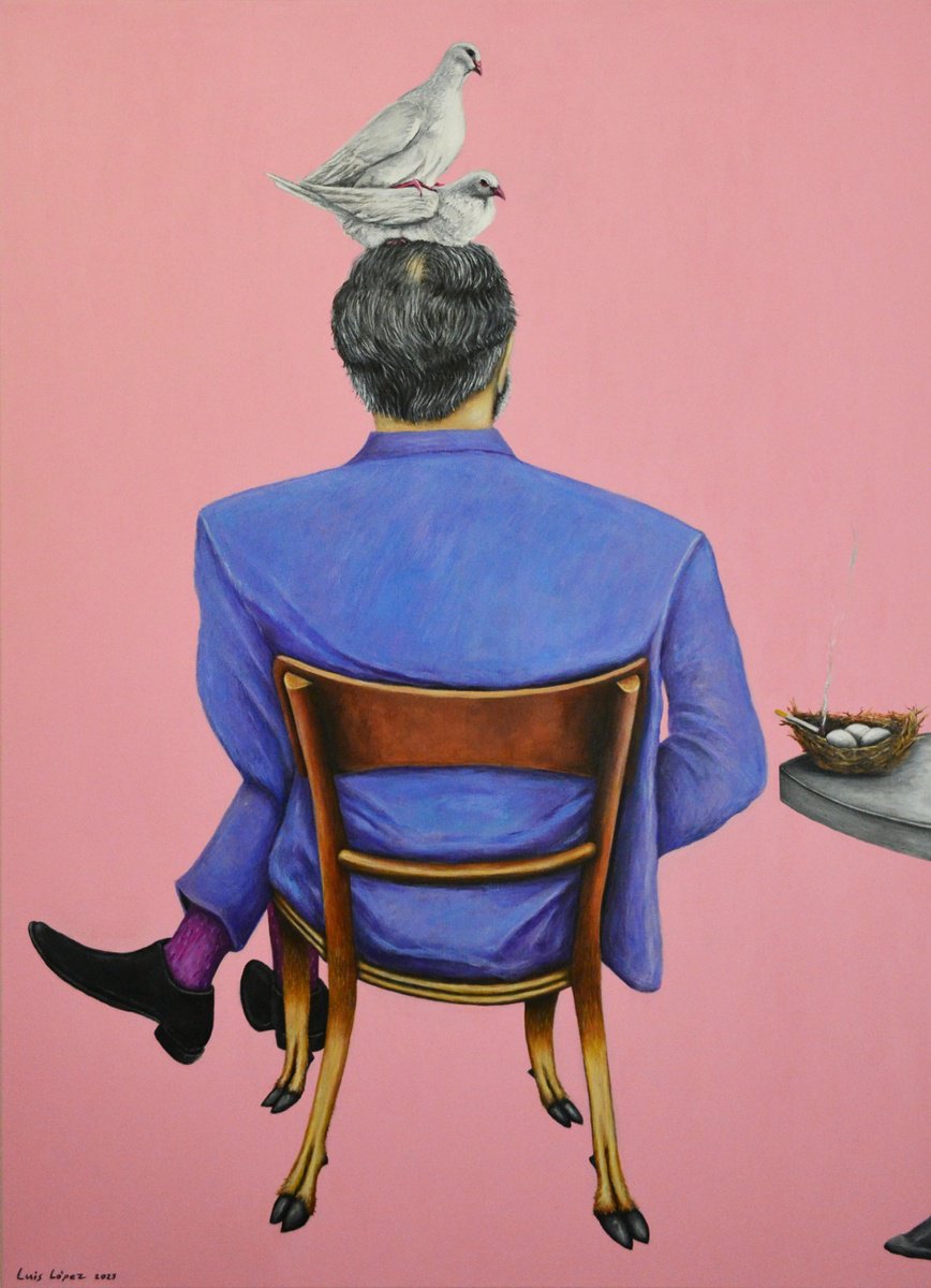 Surrealistic Portrait Acrylic Painting By Luis Lopez, 41 X 57", A Man Without Past, Original Artwork