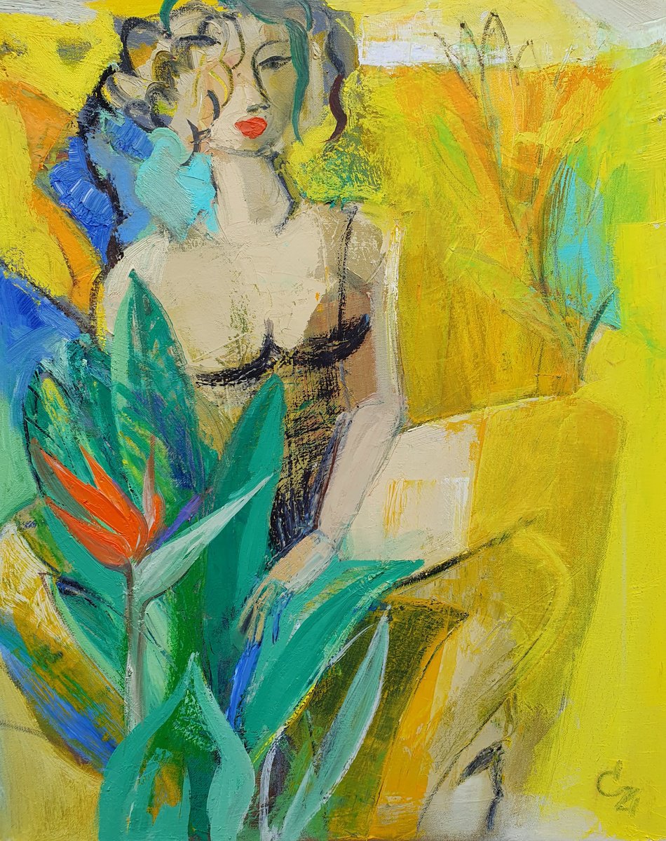 Expressive Portrait Oil Painting By Victoria Cozmolici, 16 X 20", Girl With Flowers, Original Artwork