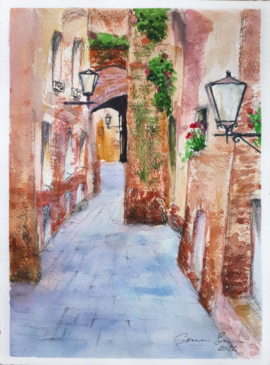 Italy. Old street... /  ORIGINAL WATERCOLOR PAINTING by Salana Art Gallery