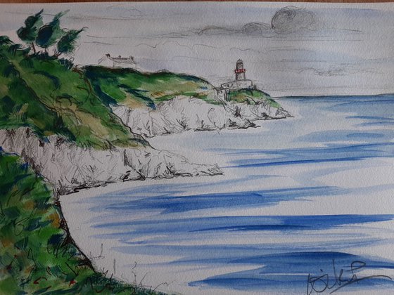 Breezy Skies over Howth head Lighthouse - watercolour and pencil study