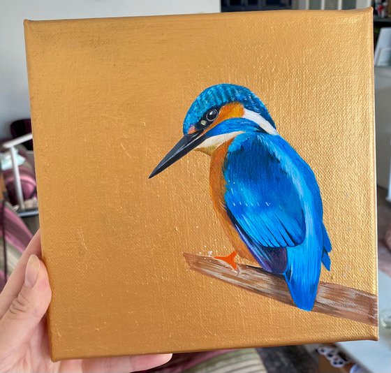 Kingfisher acrylic painting on gold background