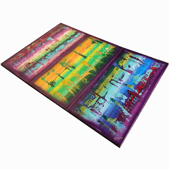 Rainbow A841 Large abstract paintings Palette knife 100x150x2 cm set of 3 original abstract acrylic paintings on stretched canvas