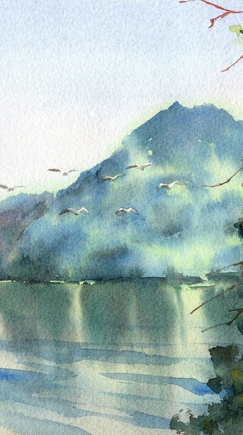 Lake and pines, Watercolor green landscape by Yulia Evsyukova