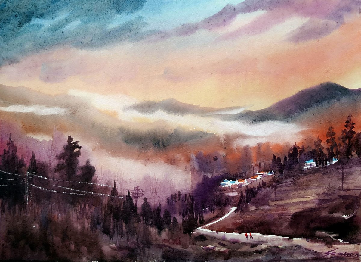 Impressionistic Landscape Watercolour By Samiran Sarkar, 15 X 11", Himalayan Mountain Sunset, Original Artwork