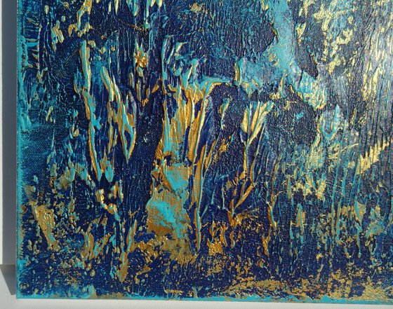 Large Blue and Gold Abstract Textured Painting. Modern Art on Canvas with Structures. Triptych