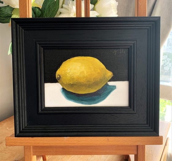 Lemon Still Life original oil realism painting, with wooden frame.