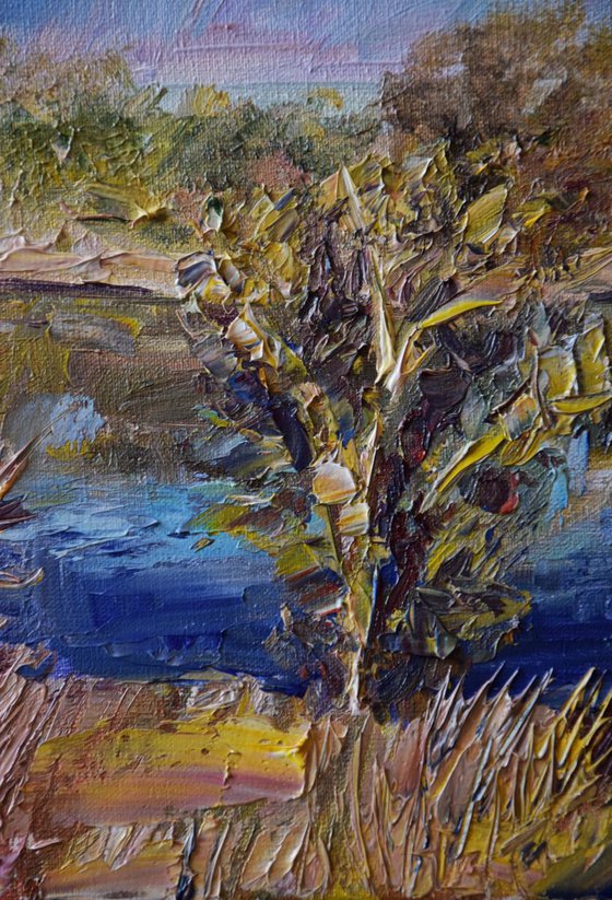 Forest river original oil painting on canvas, spring landscape, trees scenery
