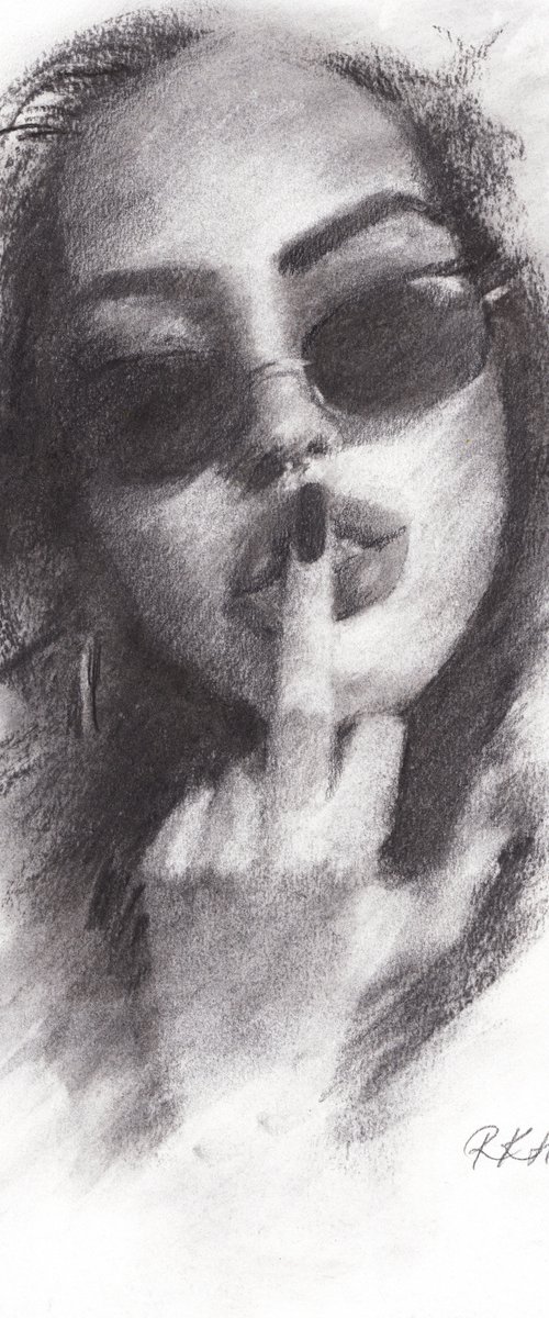 charcoal drawing of female attitude middel finger by Renske Karlien Hercules