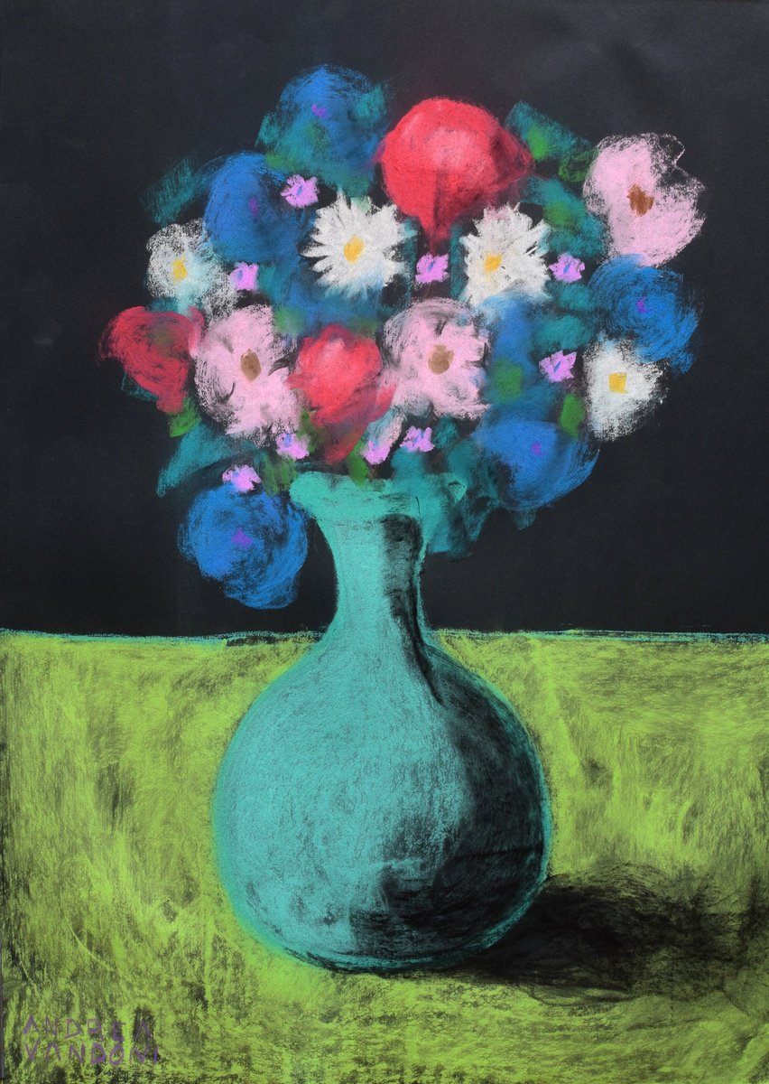 Impressionistic Botanical Pastel Drawing By Andrea Vandoni, 21 X 29, Vase Of Flowers, Original Artwork
