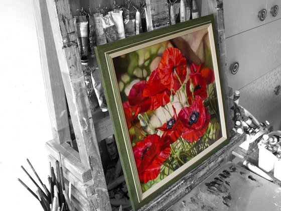 "Scarlet flashes"  flower  poppies summer liGHt original painting  GIFT (2018)