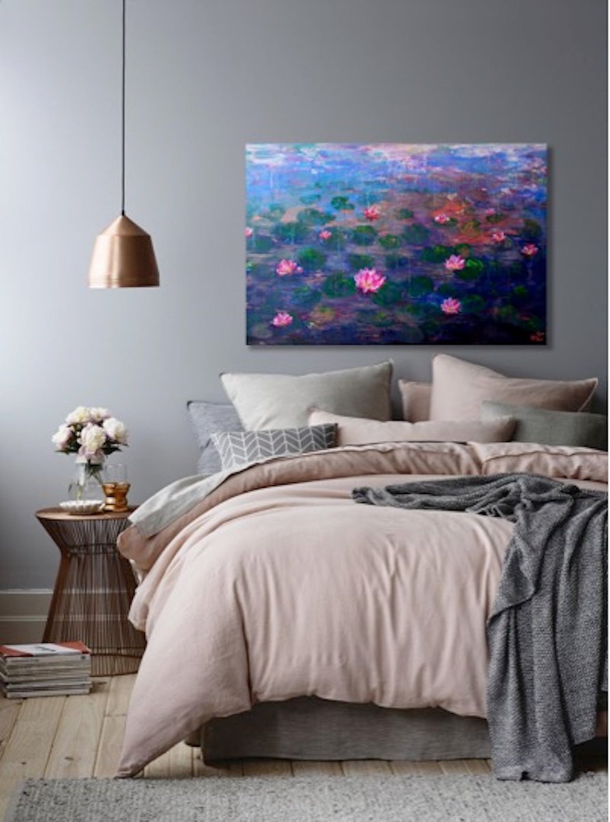 Pink Water Lilies in the Twilight original acrylic painting by Elena Parau, 60x90x4 cm ( by Elena Parau