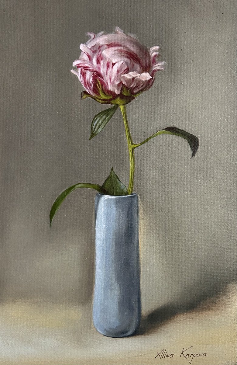Photorealistic Botanical Oil Painting By Alina Karpova, 8 X 12, Peony Still Life, Original Artwork