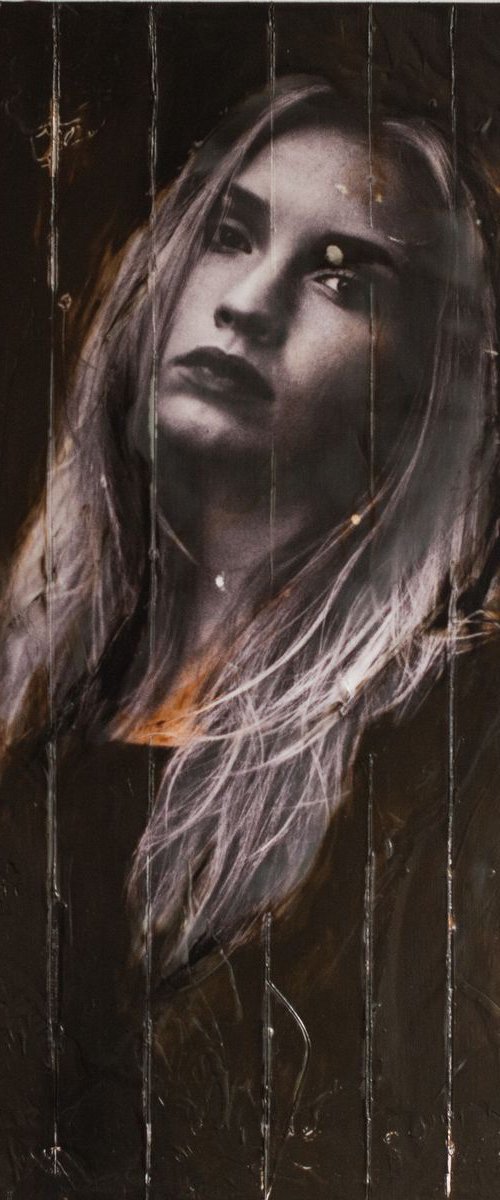 "Standing tall" (60x30x3cm) - Unique portrait artwork on wood (abstract, portrait, gouache, original, painting, coffee, acrylic, oil, watercolor, encaustics, beeswax, resin, wood) by Rouzbeh Tahmassian