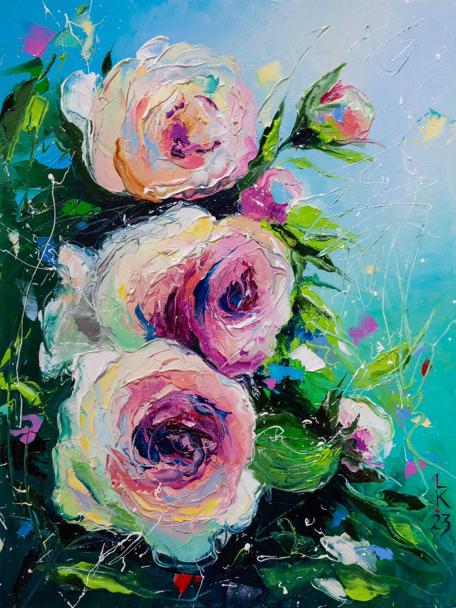 Impressionistic Botanical Oil Painting By Liubov Kuptsova, 12 X 16", Memories Of Summer Roses, Original Artwork