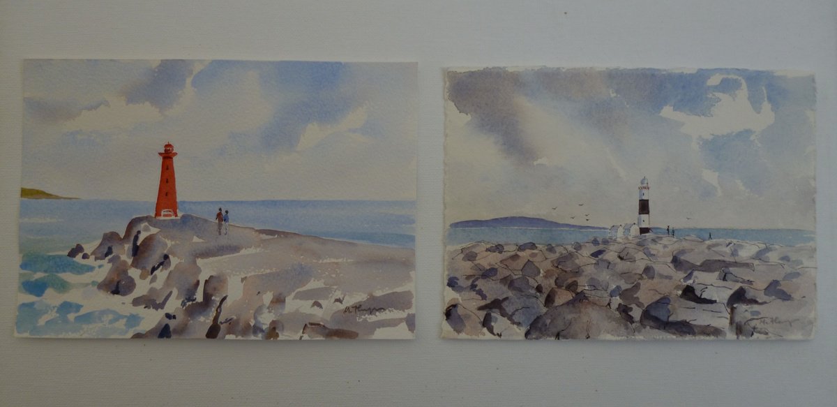 Expressive Landscape Watercolour By Maire Flanagan, 8 X 6", Two More Lighthouses, Original Artwork