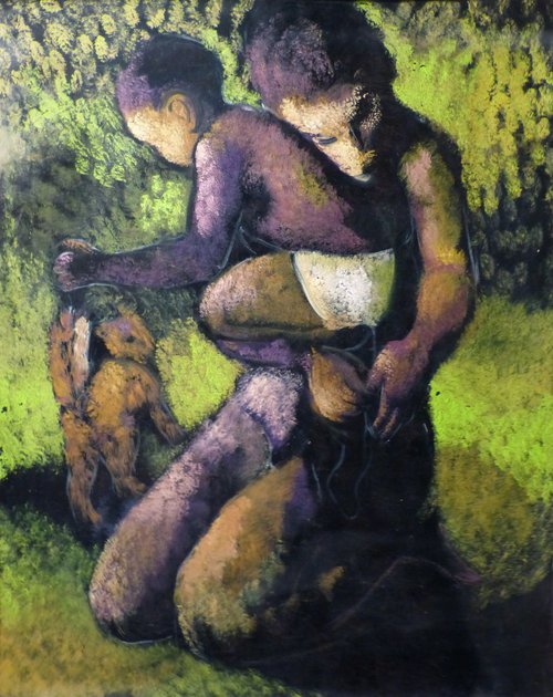 Mother, baby and a little cat, oil on canvas 100x81 cm by Frederic Belaubre