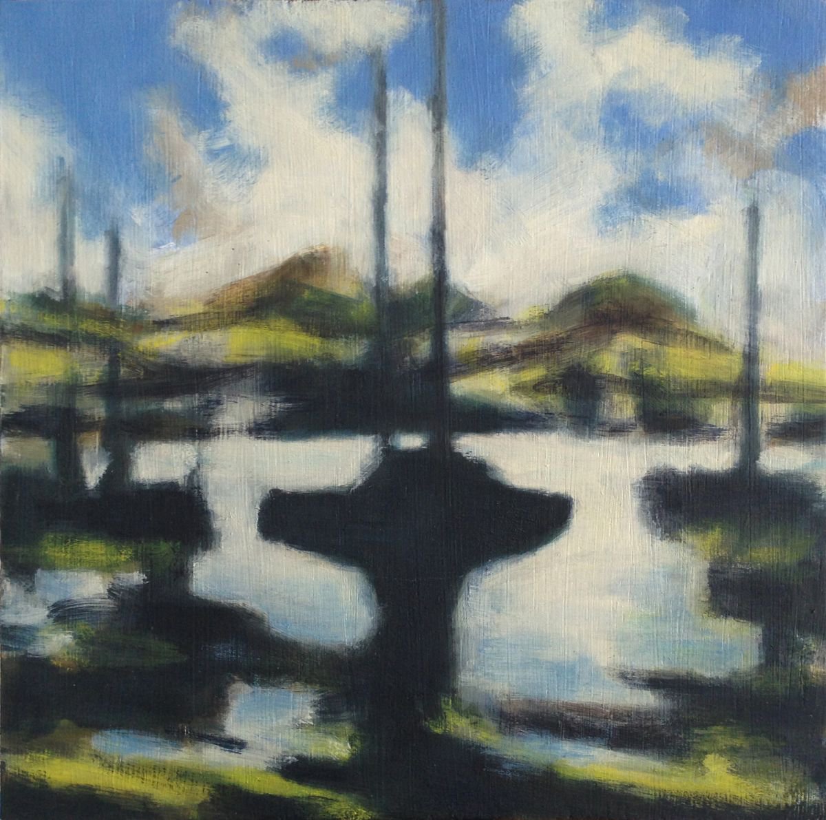Impressionistic Landscape Acrylic Painting By Hugo Lines, 8 X 8, Boats On The Estuary 2, Original Artwork