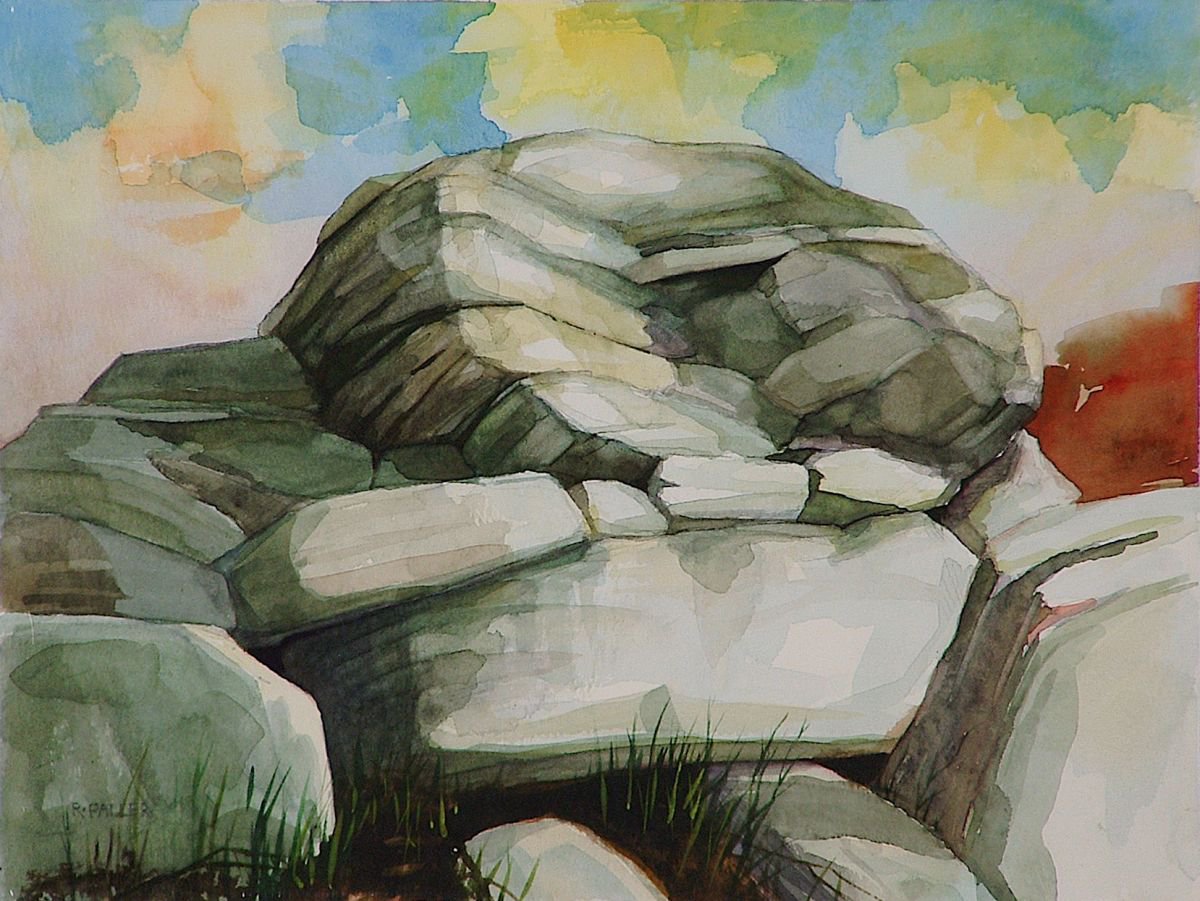 Photorealistic Landscape Watercolour By Rick Paller, 15 X 13", Rocks By The Trail, Original Artwork