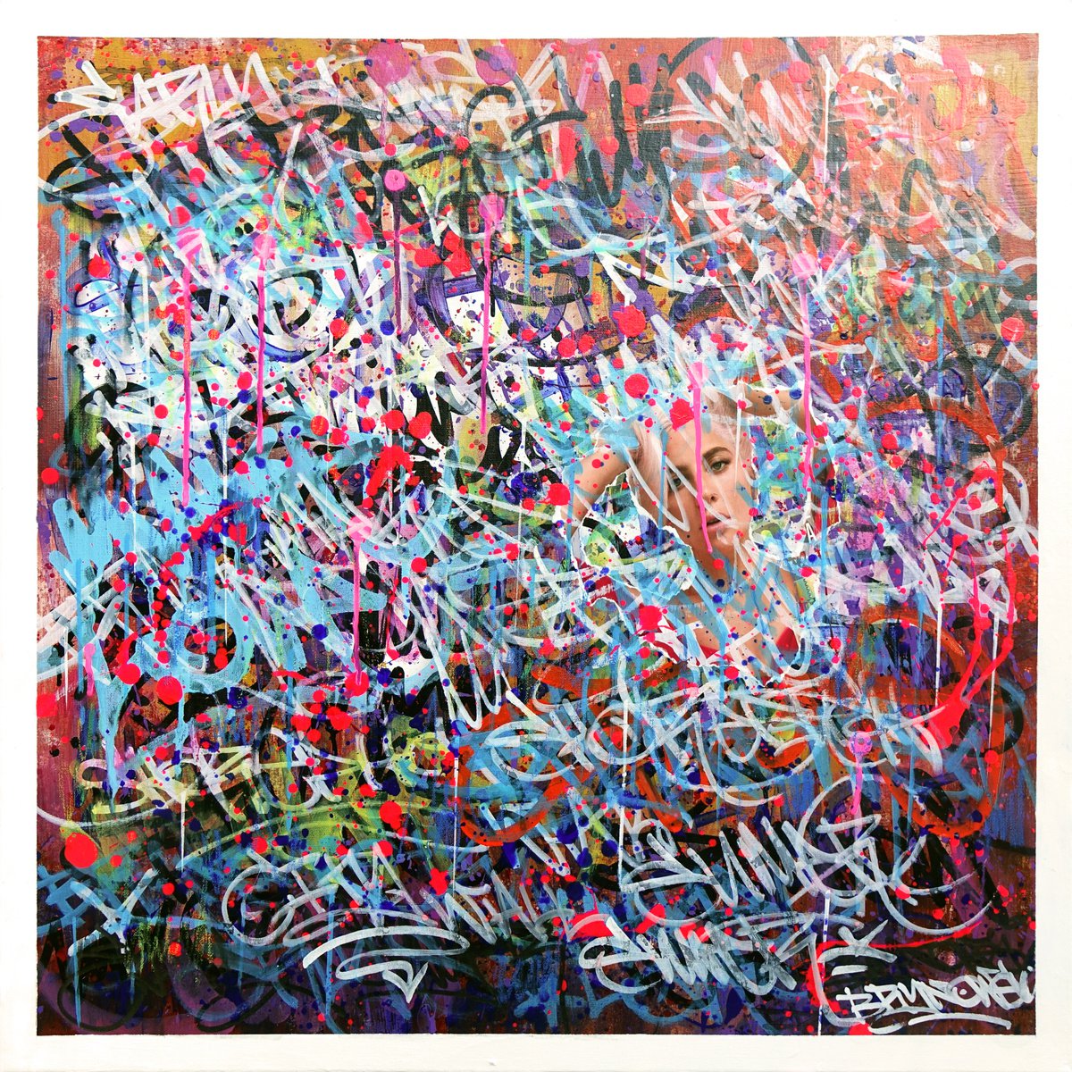 Urban And Pop Abstract Painting By Tomasz Brynowski, 31 X 31", Back Alley Wall 01, Original Artwork