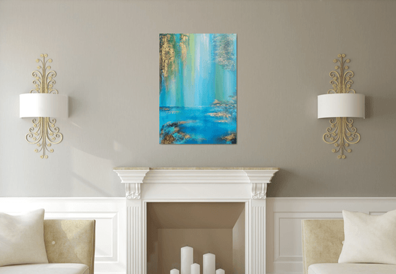 A XL large semi-abstract beautiful structured mixed media painting of a lake "Under the willow"