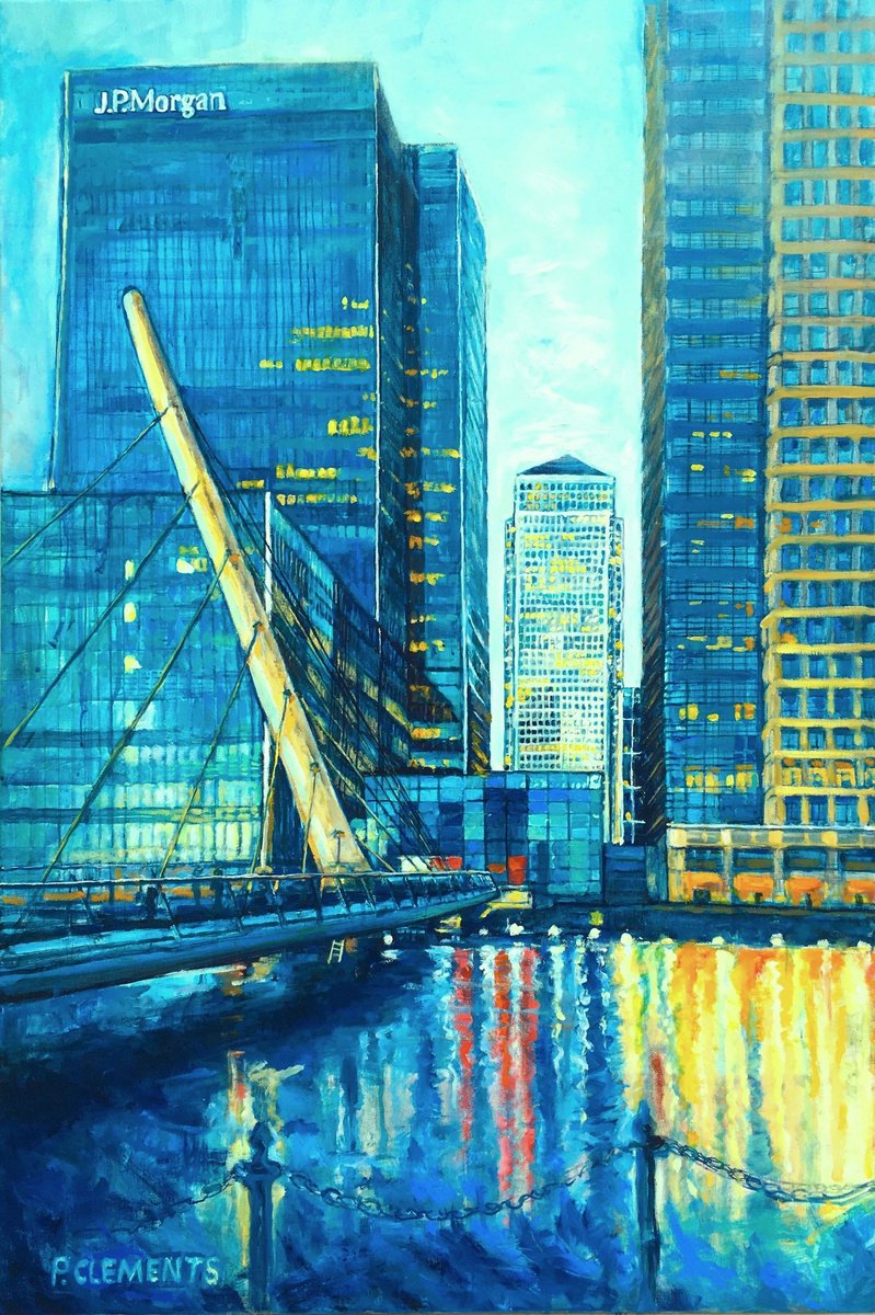 Impressionistic Cityscapes Oil Painting By Patricia Clements, 24 X 36", Canary Wharf, Original Artwork