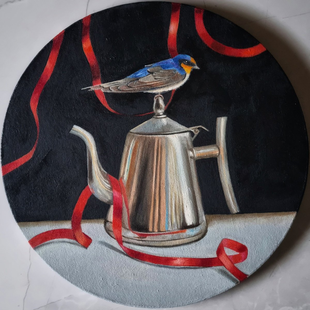 Photorealistic Still Life Oil Painting By Priyanka Singh, 12 X 12", Red Ribbons, Original Artwork