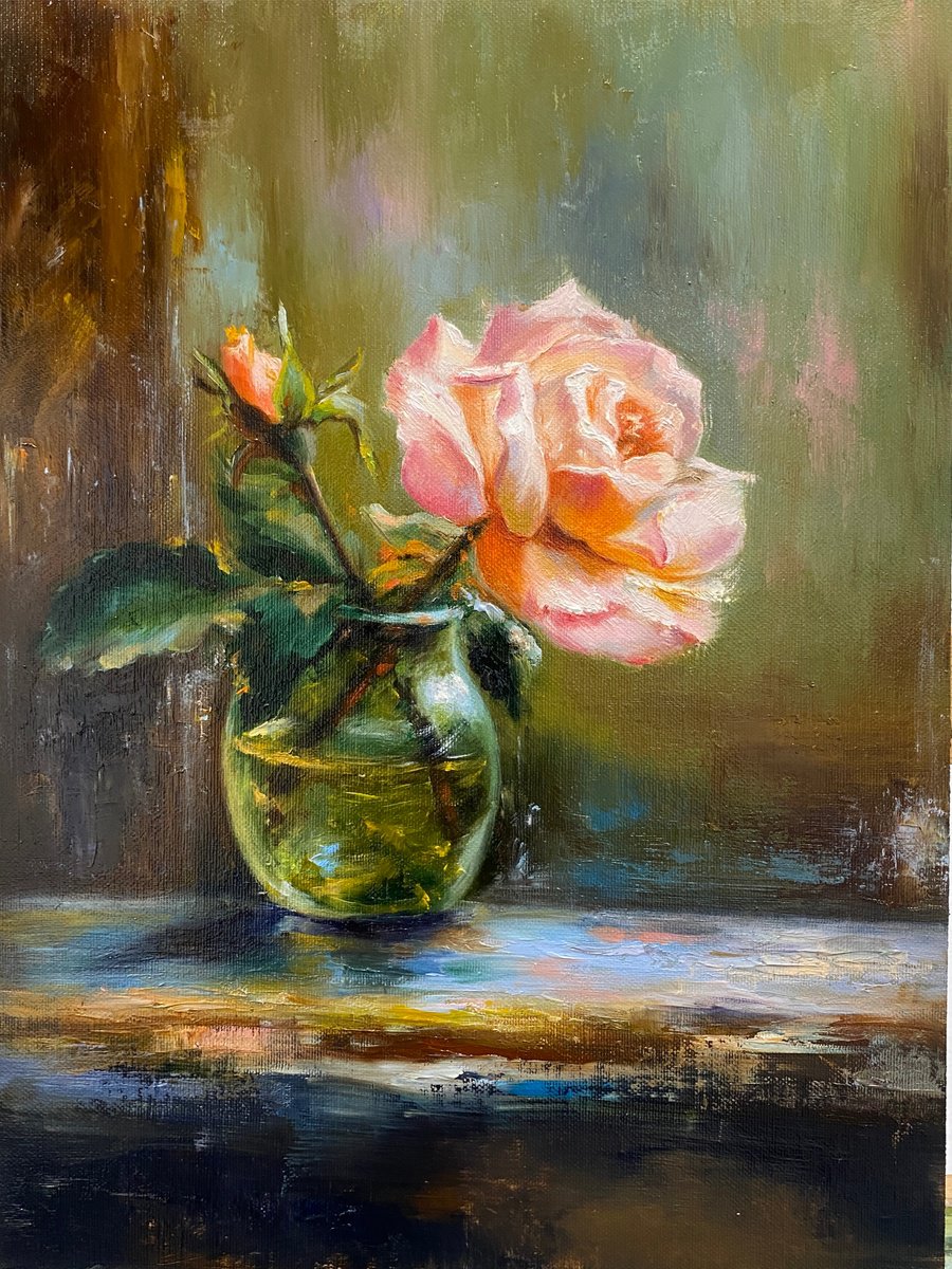 Impressionistic Botanical Oil Painting By Farzaneh Maddahi, 12 X 16, White Rose, Original Artwork