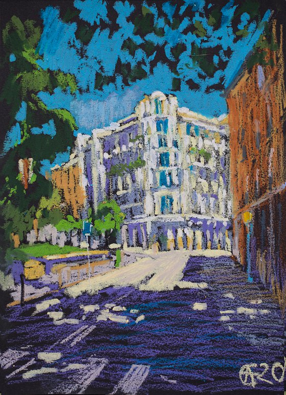 Madrid street. Oil pastel painting. Small urban city interior original spain architecture
