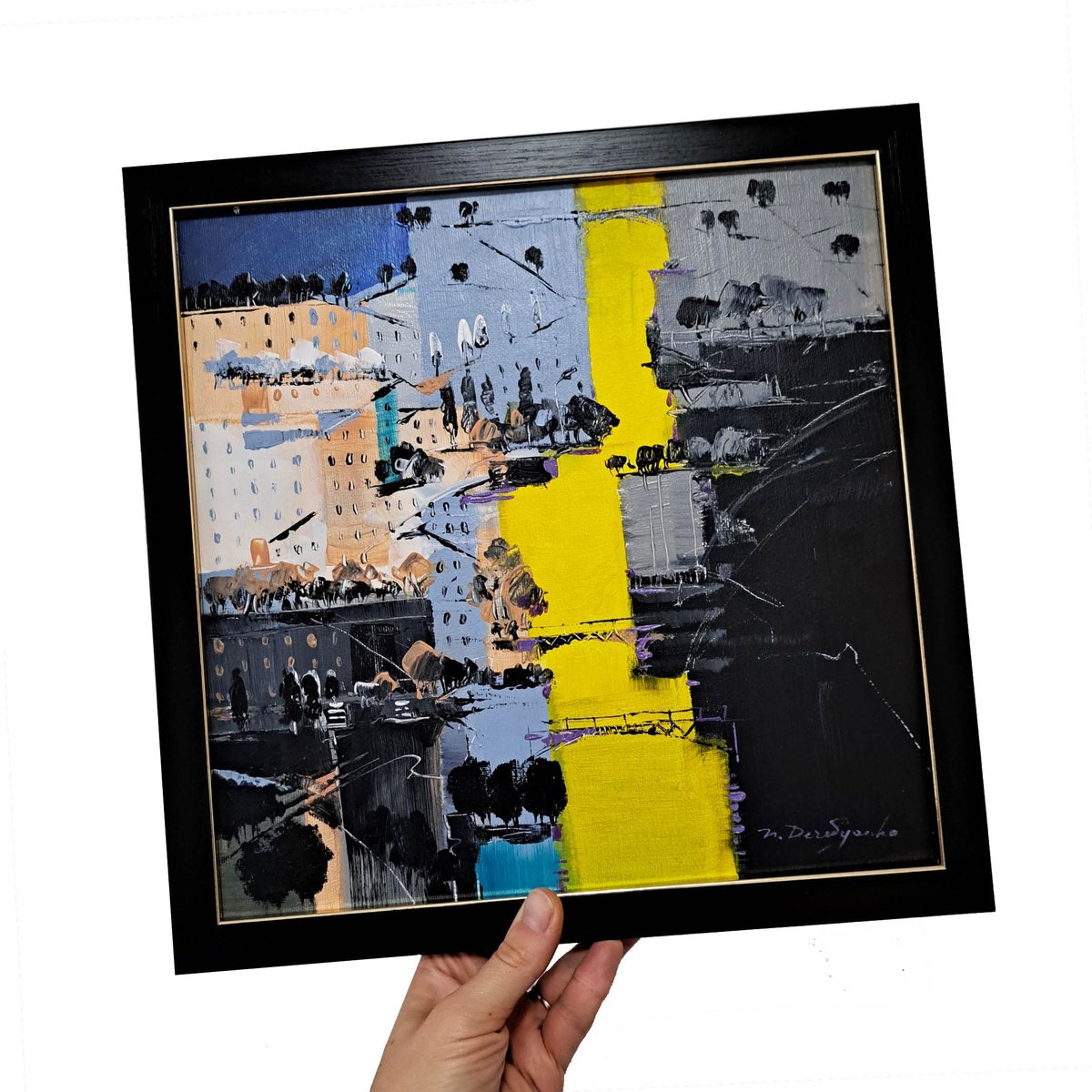 Organic Abstract Oil Painting By Nataly Derevyanko, 13 X 13", Abstract Cityscape Painting, Original Artwork