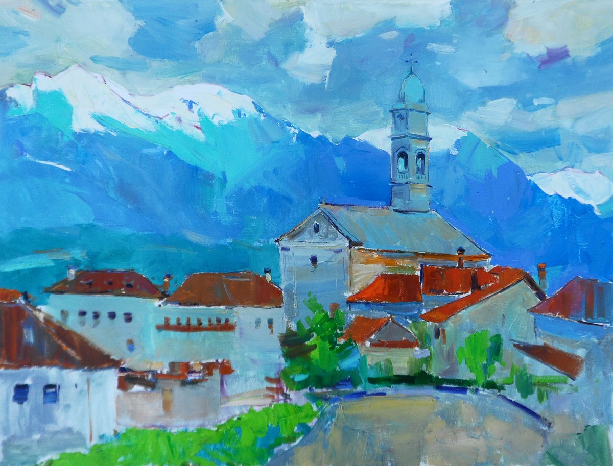 Impressionistic Landscape Oil Painting By Yehor Dulin, 31 X 24", " Spring In Italy. Alps ", Original Artwork