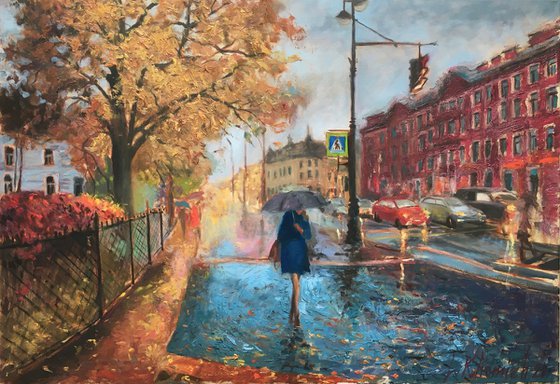 Evening at the rainy city, oil painting cityscape
