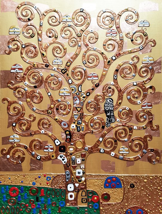 Tree of life Gustav Klimt. Relief golden bronze 3 pieces horizontal large painting