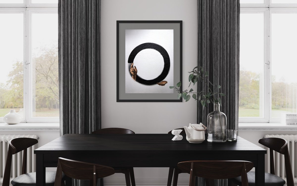 absolute - oil painting, original gift, calligraphy, black line, hands, circle by Anzhelika Klimina