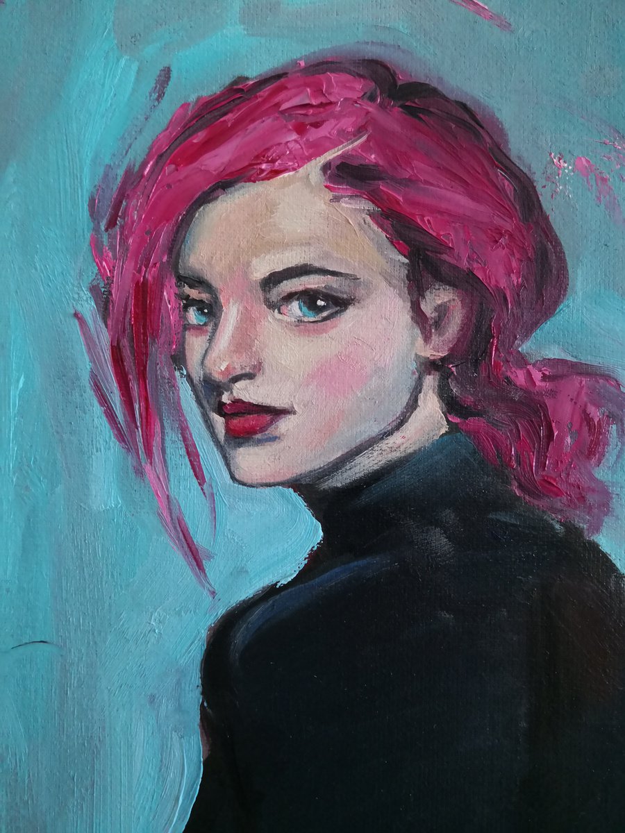 A girl with pink hair and pink scarf by Jane Lantsman