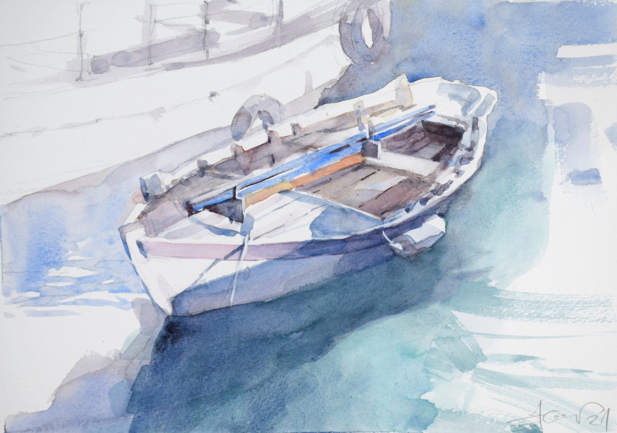 Boat in the harbor 4 by Goran Zigolic Watercolors