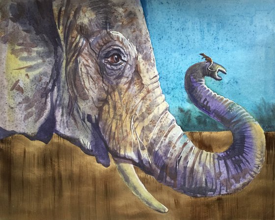 Elephant and mouse. Painting of elephant. Safari art, home decor