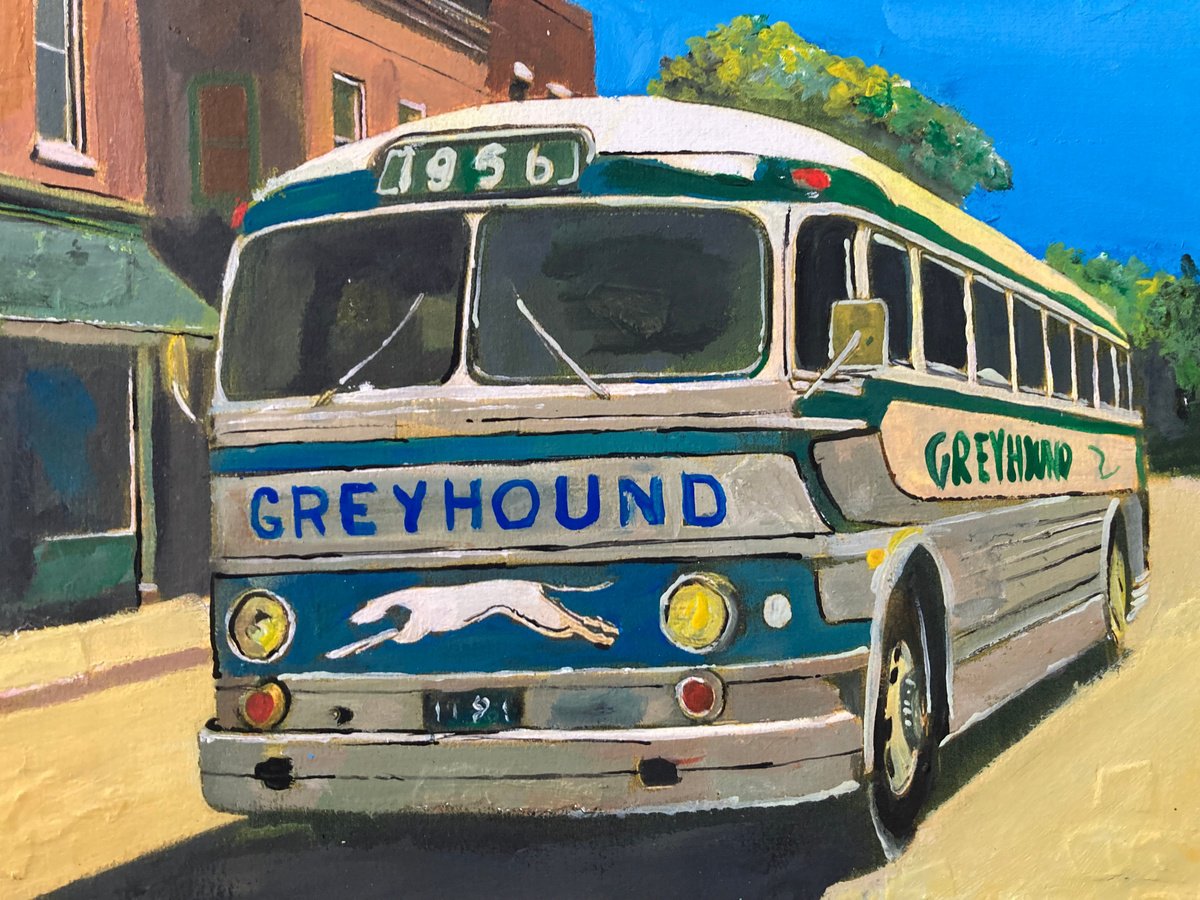 Photorealistic Transport Acrylic Painting By Andrew Reid Wildman, 12 X 10, Bus In An American Town, Original Artwork