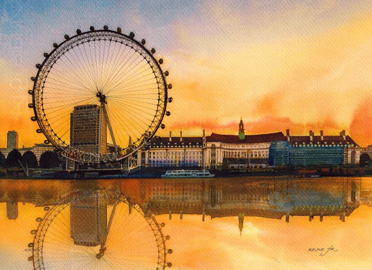 Impressionistic Cityscapes Watercolour By Reme Jr., 10 X 14", London - The Eye, Original Artwork