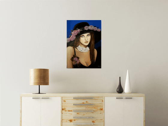 Lady with hat - portrait-oil painting- home decor