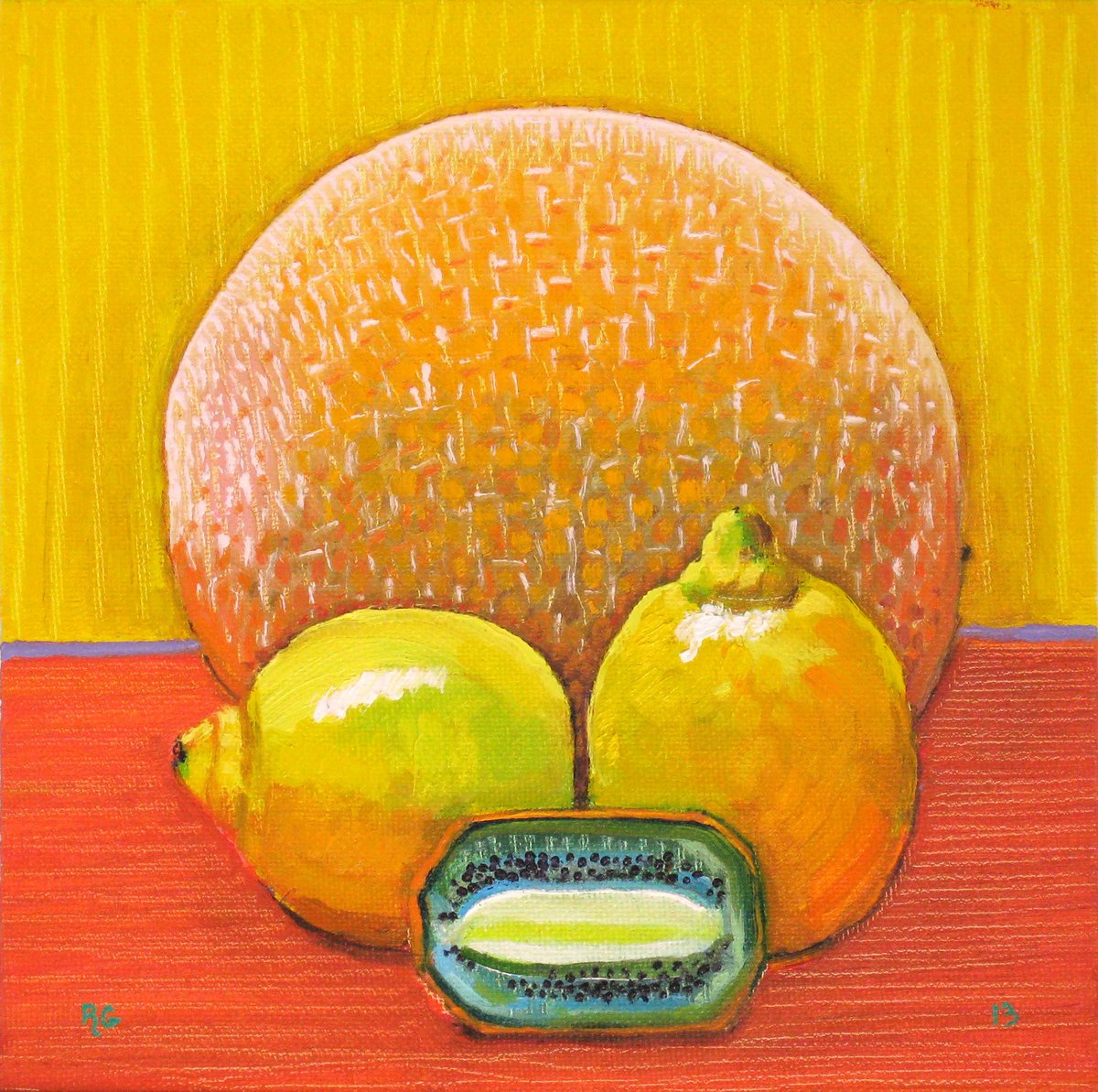 Still Life Oil Painting By Richard Gibson, 8 X 8", Melon, Lemons And Kiwi, Original Artwork